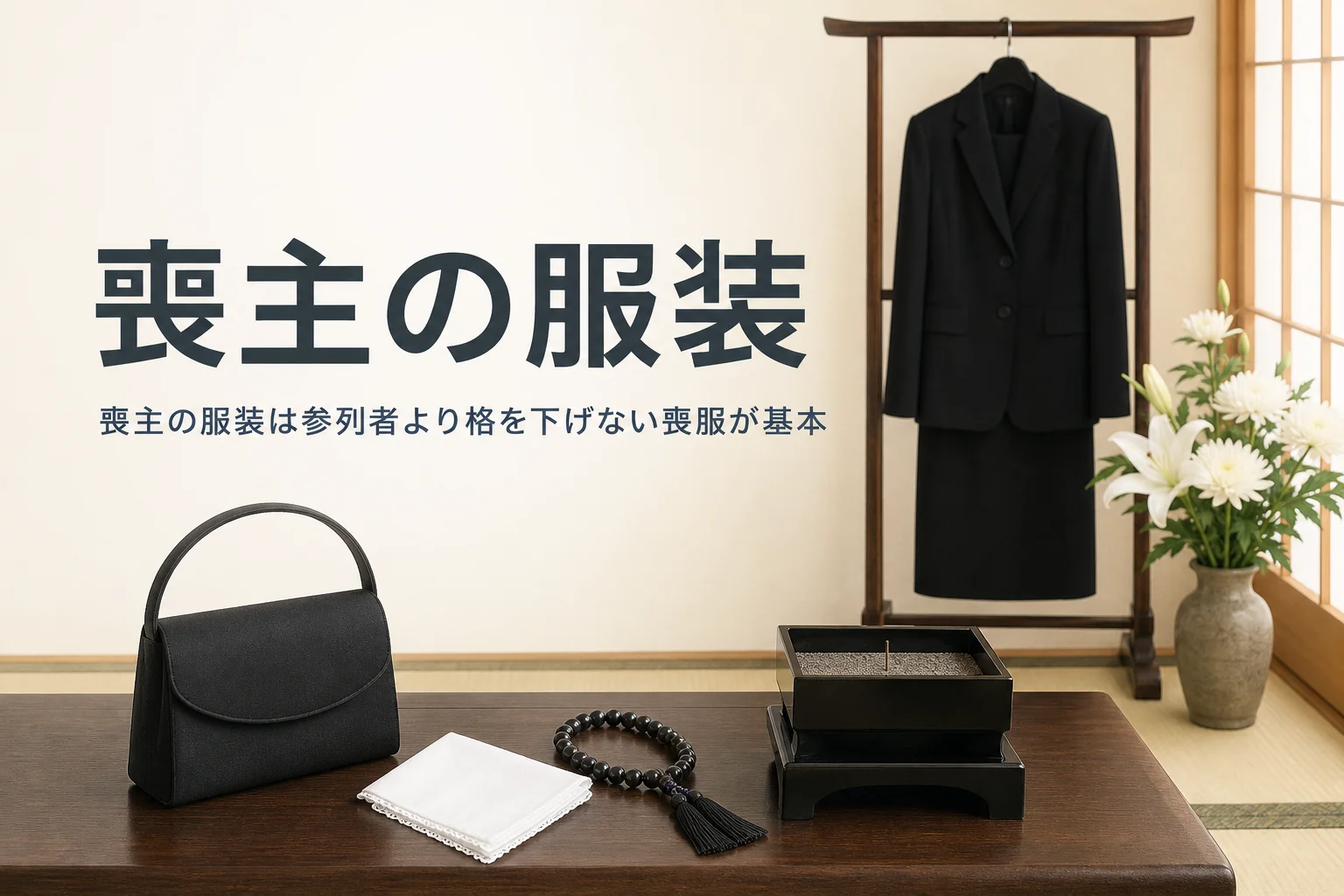 喪主の服装を男性・女性に分けて紹介する記事のアイキャッチ