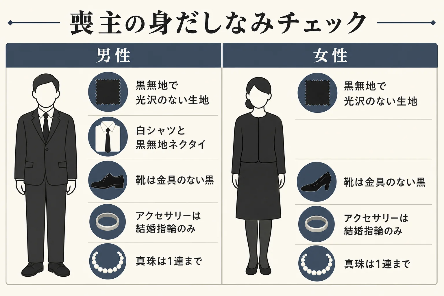 男性と女性の喪主の服装と小物の確かめどころを2列で並べたチェックリストの図解