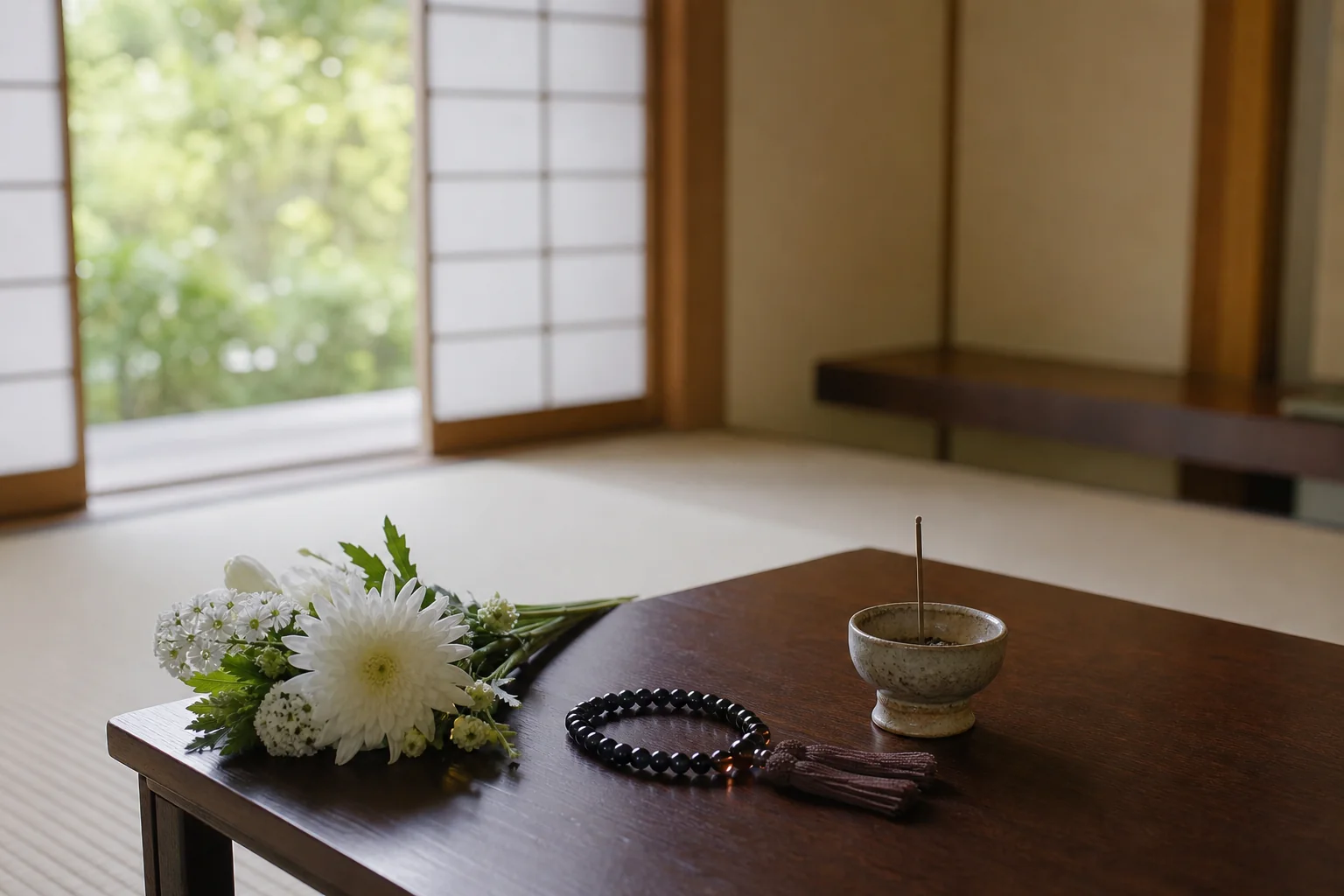 喪主として一息つく時間をイメージした、白い花と数珠のある和室の写真