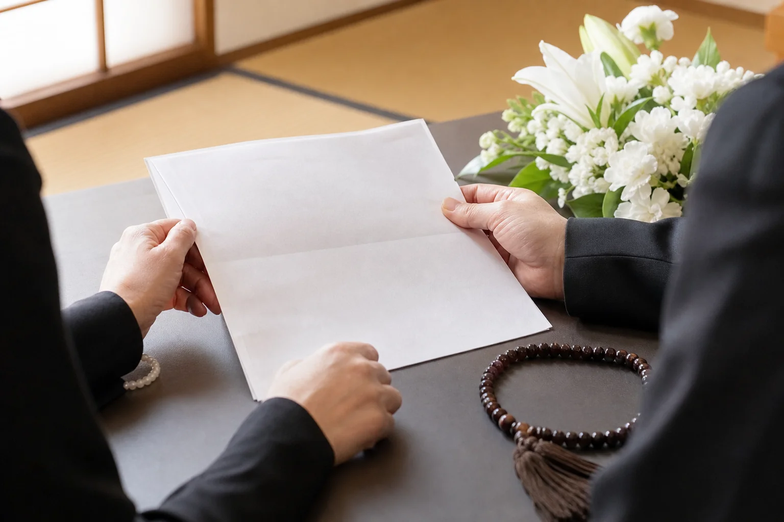 家族2人で葬儀の見積書を確かめている手元の様子