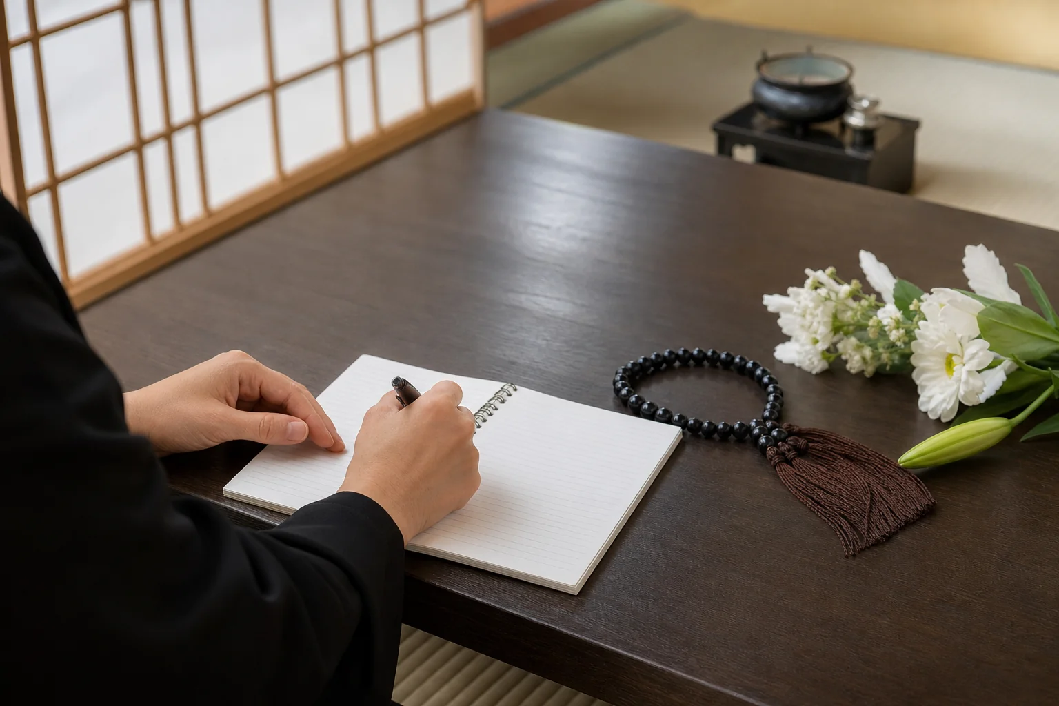 家族で連絡先やお寺の情報をノートにまとめている手元の様子
