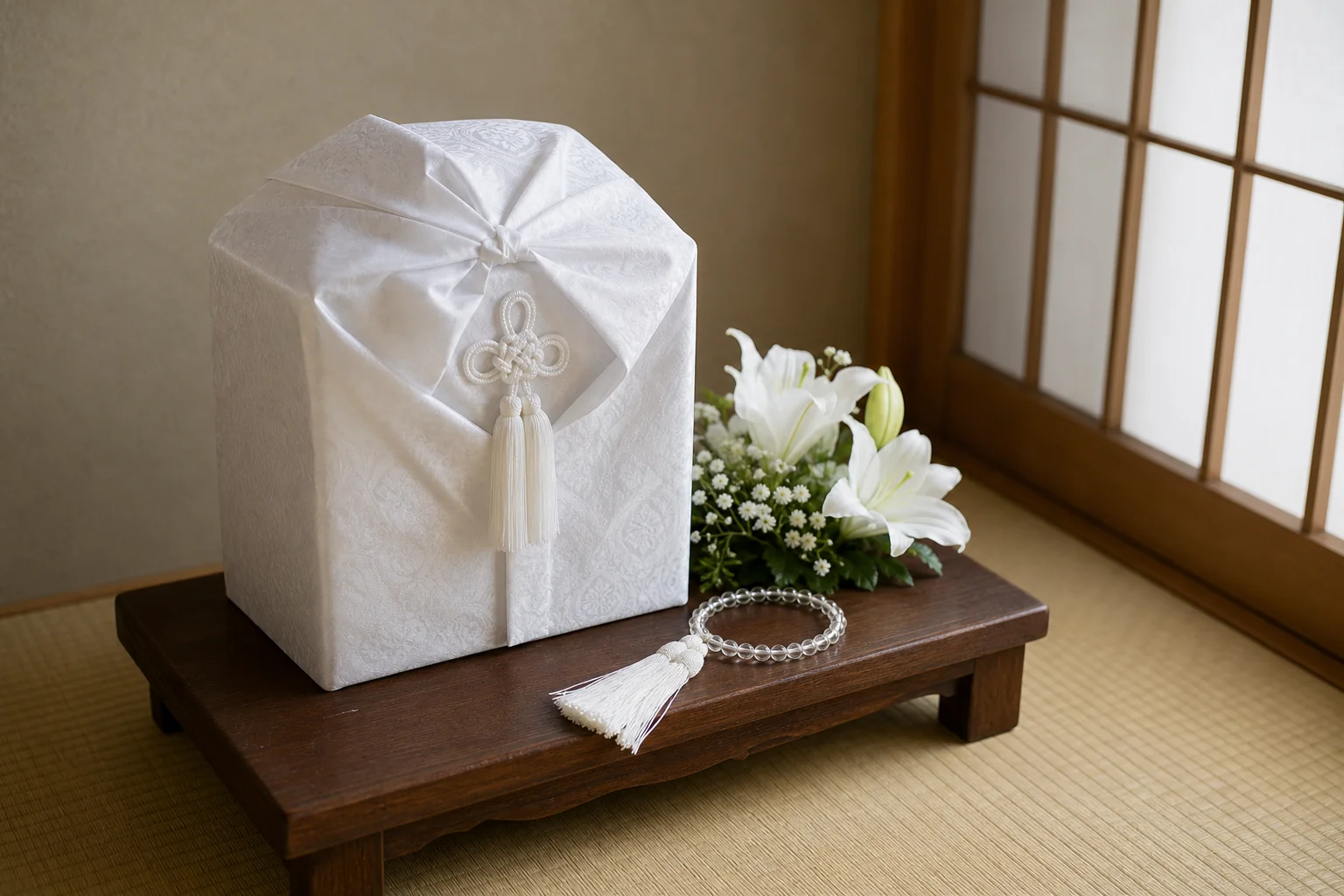 白い布に包まれた骨壷の箱と数珠が置かれた落ち着いた和室の様子