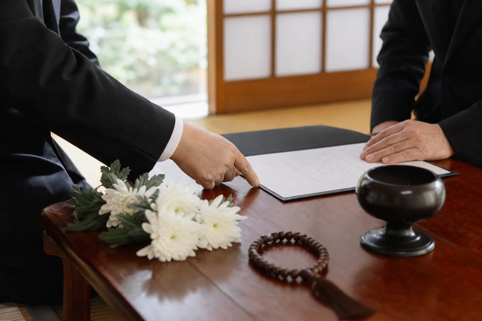 家族2人で葬儀社の見積書を確かめている手元の様子